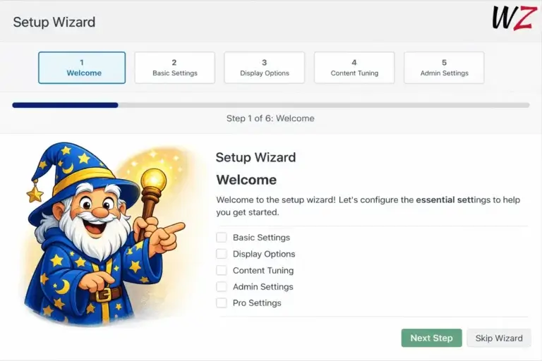 Cartoon wizard pointing at a WordPress-style setup wizard screen showing step 1, “Welcome”, with progress steps and a Next Step button.