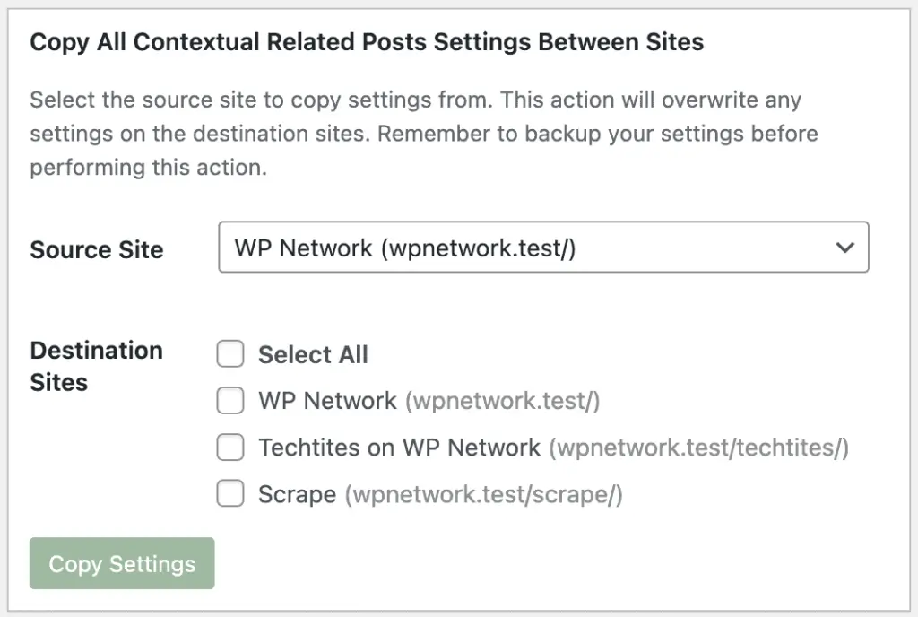 Copy All Contextual Related Posts Settings Between Sites panel available in Network Settings on WordPress multisite.