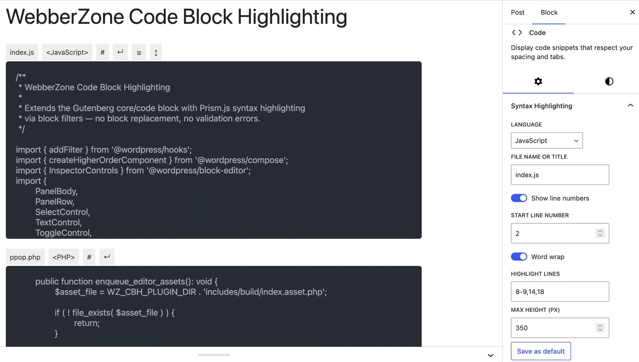 Code Block Syntax Highlighting WordPress plugin - WebberZone
