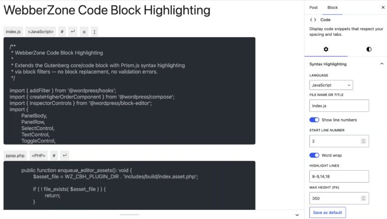 Code Block Syntax Highlighting WordPress plugin - WebberZone