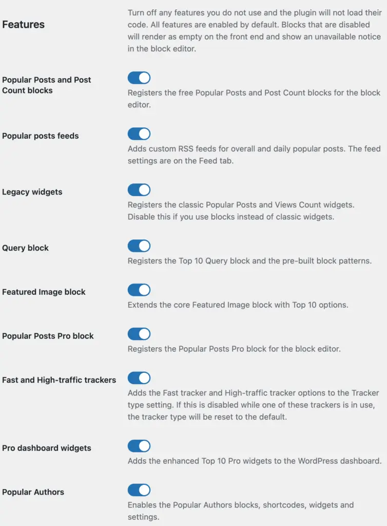 Images shows the contents of the features tab in Top 10 v4.4 that lets you toggle features on and off.