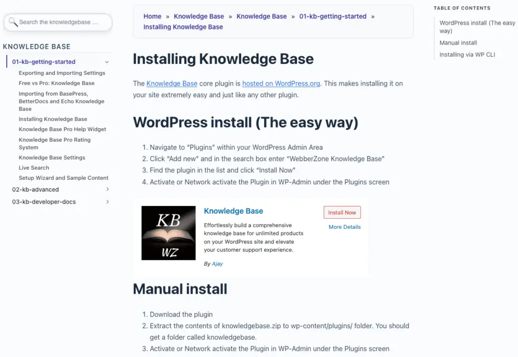 Documentation Mode layout in Knowledge Base WordPress plugin