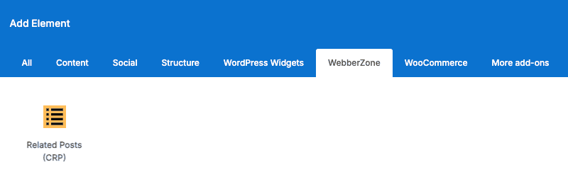 Add Element panel with the WebberZone tab selected, showing the Related Posts (CRP) element