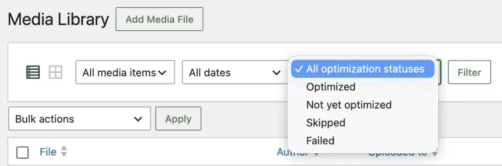 Filter media images by status - Optimized, Not yet Optimized, Skipped, Failed