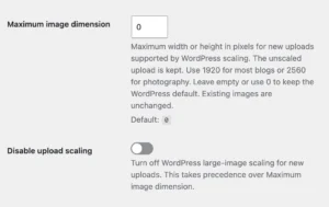 Maximum image dimension set to 0 and Disable upload scaling switched off.