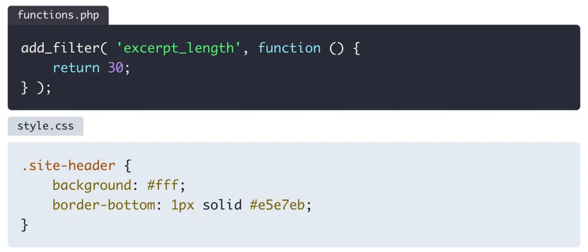 A PHP code block in the global dark theme above a CSS code block in the light Coldark Cold theme, each with its own file name tab.