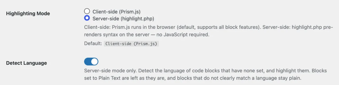 Settings page with Highlighting Mode set to Server-side and Detect Language turned on.