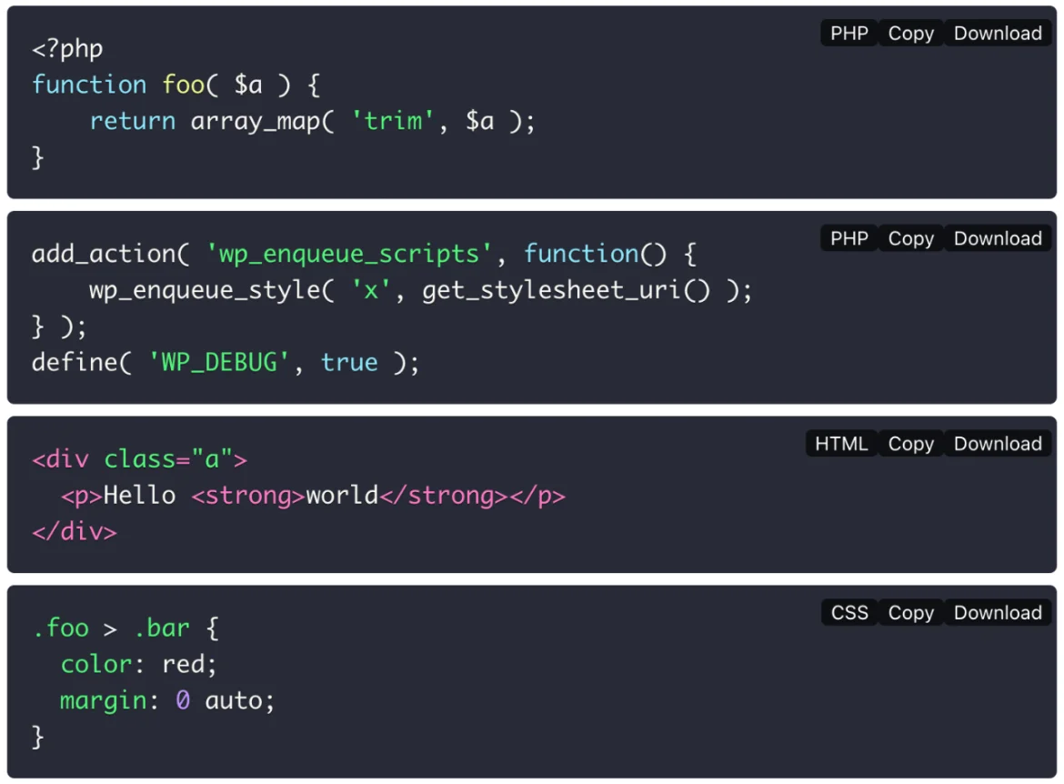 Four code blocks with no language set, highlighted and labeled PHP, PHP, HTML and CSS by language detection.