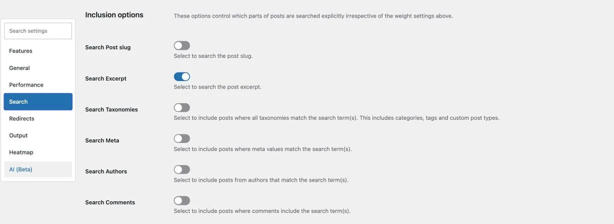 Better Search Inclusion options with Search Excerpt switched on, and Search Post slug, Taxonomies, Meta, Authors, and Comments switched off