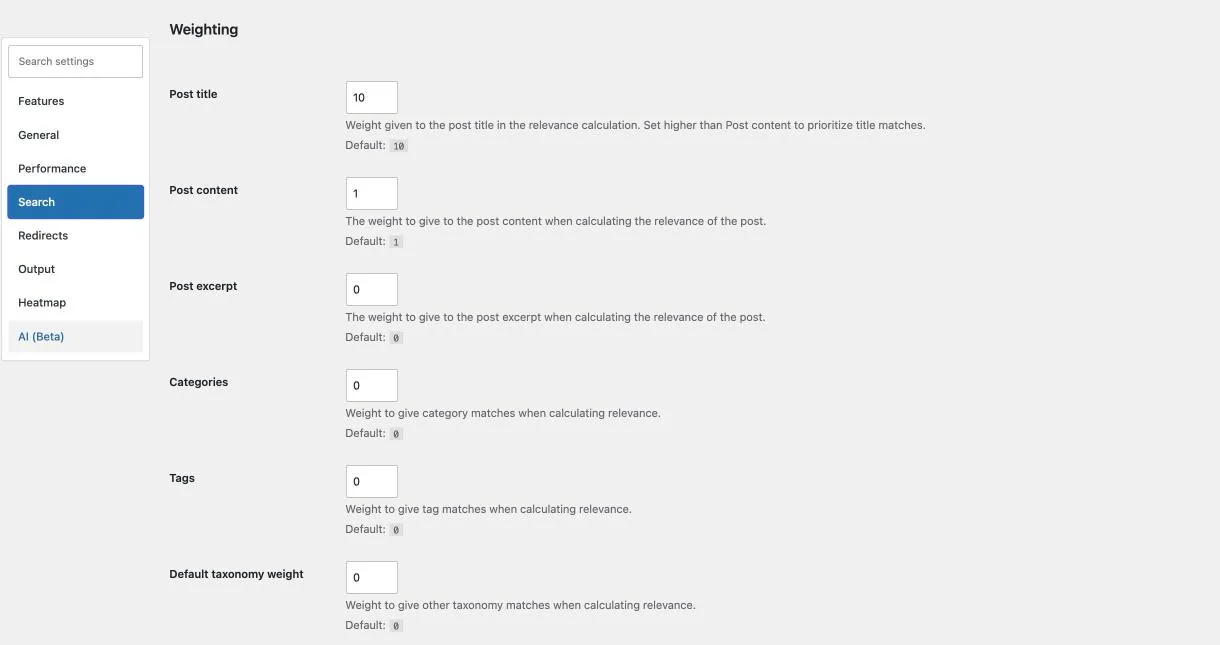 Better Search Weighting settings with Post title at 10, Post content at 1, and the excerpt, category, tag, and taxonomy weights at 0