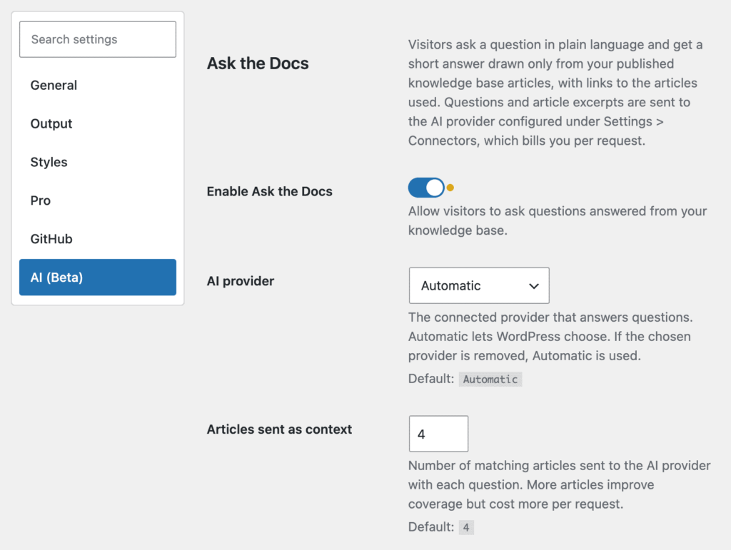 The AI (Beta) tab in Knowledge Base settings with Enable Ask the docs turned on and the AI provider set to Automatic