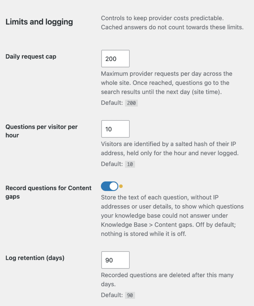 The Limits and logging settings showing Daily request cap 200, Questions per visitor per hour 10, Record questions for Content gaps and Log retention 90 days