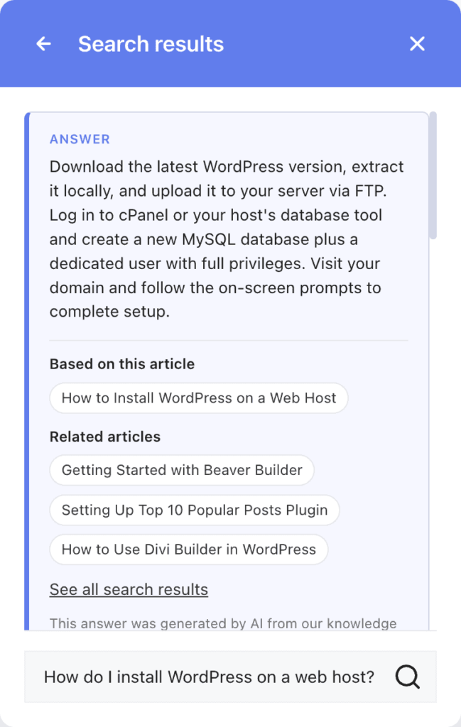 The Help widget panel showing an AI answer with its source article and related articles above the search box