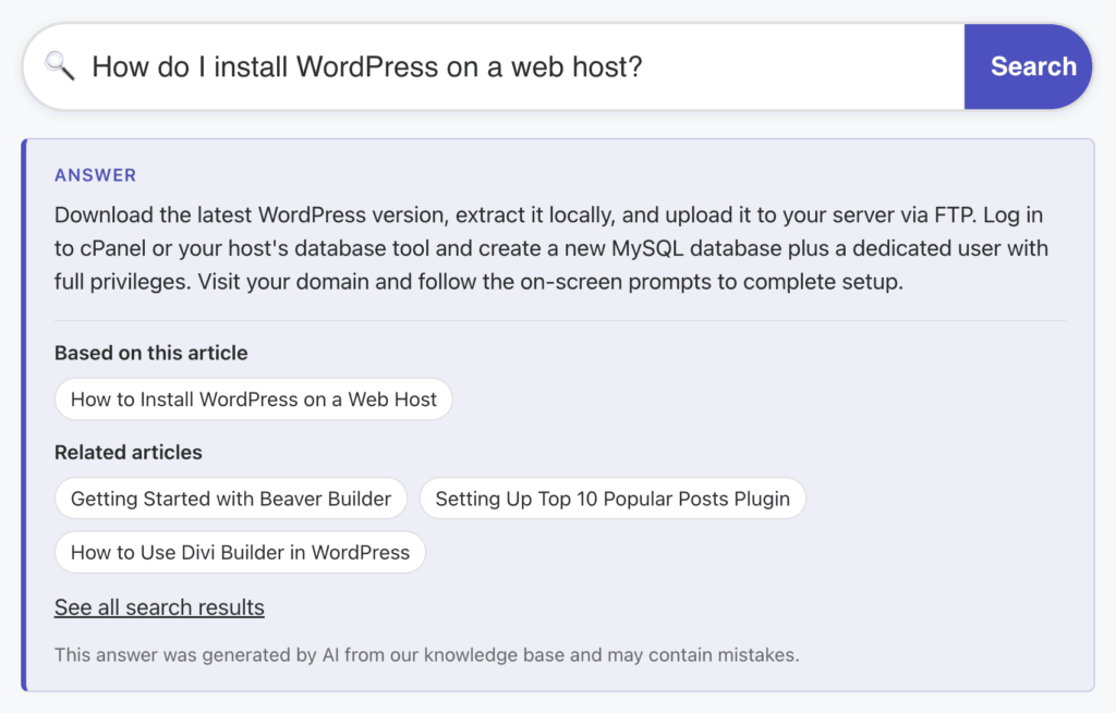A knowledge base search box with a question and an AI answer below it, listing the source article, three related articles, a link to all search results and the AI disclaimer