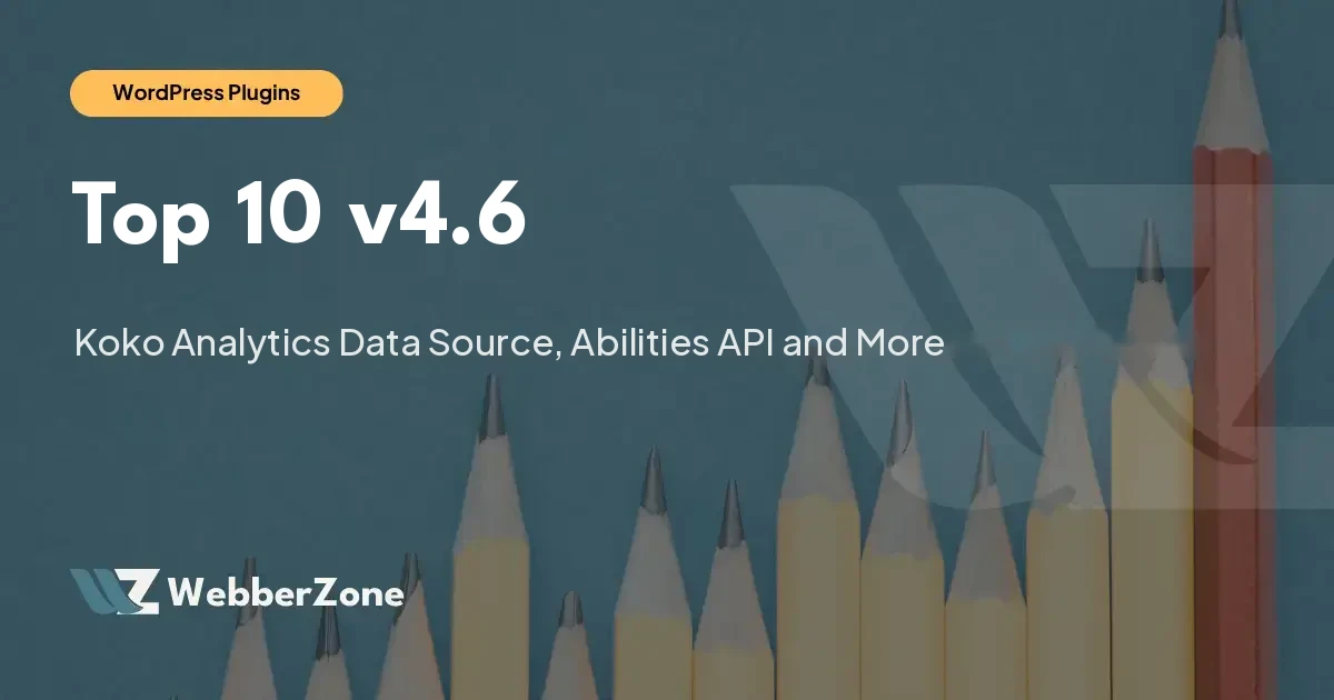 Top 10 v4.6 release cover: Koko Analytics Data Source, Abilities API and More