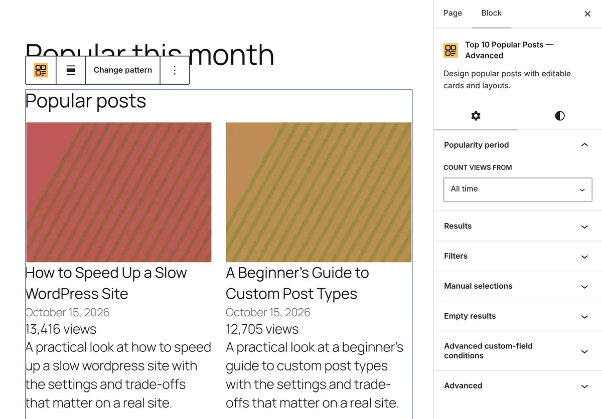 Advanced Popular Posts block in the editor using the Image, title and excerpt pattern, with the Popularity period panel open