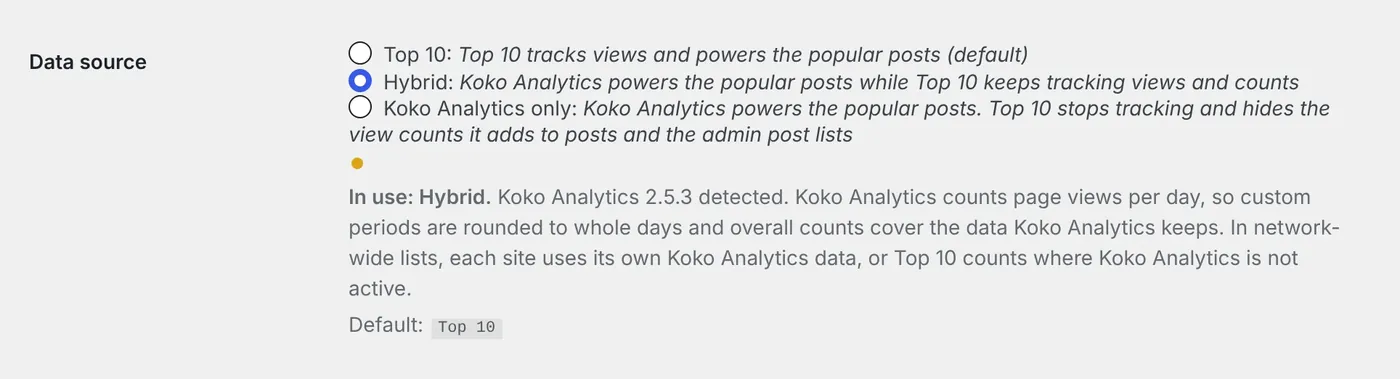 Top 10 Data source setting with Top 10, Hybrid and Koko Analytics only modes, showing Hybrid in use