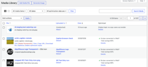 Media Library list view with the Optimized column showing WebP sizes converted and total savings, and the Optimize row action under one image.