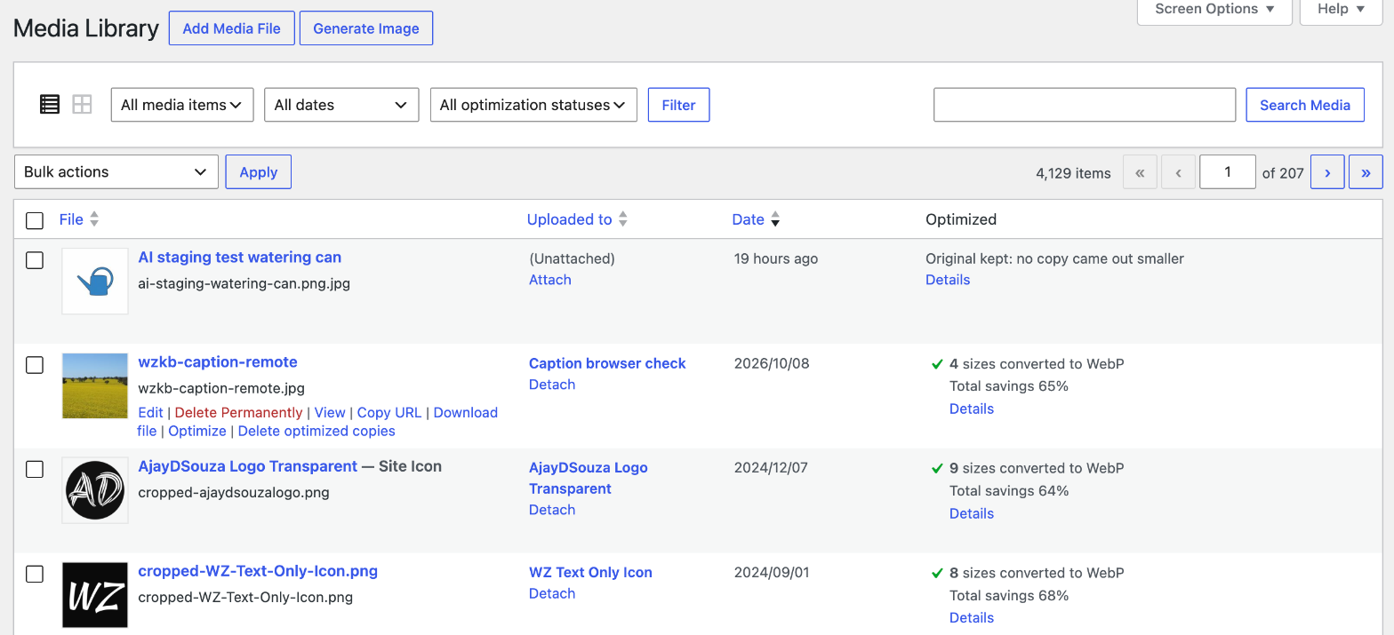 Media Library list view with the Optimized column showing WebP sizes converted and total savings, and the Optimize row action under one image.